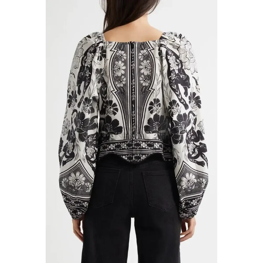 NWT Farm Rio Women’s XXS Flower Leopard Blouse Puff Sleeve Chic Boho Vacation